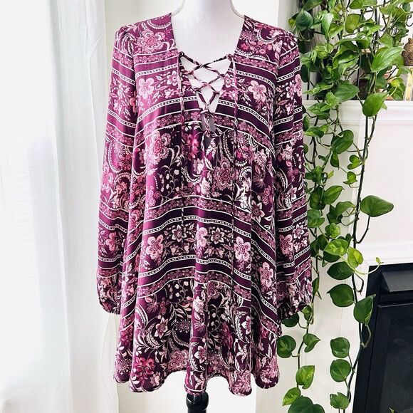 Show Me Your MuMu Burgundy Red Floral Soft Flowy Boho Tunic Dress Blouse Size XS - Picture 1 of 8